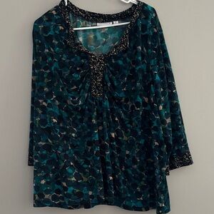 Susan Graver Teal and Black Abstract Blouse